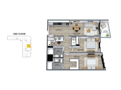 Floor plan for 2 beds, 2 baths, 1191 sqft